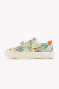 Canvas sneakers with a light green base, featuring a colorful tropical print of palm leaves and orange accents. White rubber sole.