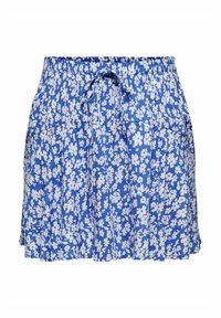 Blå blommig kjol med vita blommönster, elastisk midja, justerbar dragsko, veckad design, lättviktsmaterial.