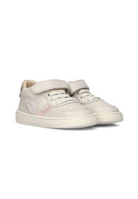 Light beige children's sneakers with Velcro strap, textured leather, pink accents, perforated toe, and rubber sole. Simple design.