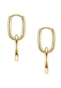 Náušnice v zlatej farbe s moderným oválnym dizajnom, hladkými odrazovými povrchmi a štíhlym zaveseným prvkom pre väčšiu dimenziu.