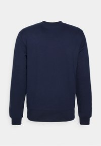 Sweat-shirt à manches longues bleu marine avec col rond, montré de dos, avec poignets et ourlet côtelés sur un fond uni.