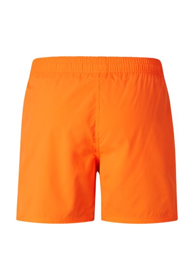 Feloranje zwemshorts voor heren met een elastische tailleband, gezien van achteren op een witte achtergrond.