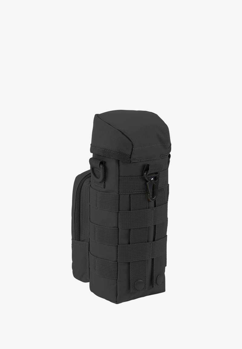 Pochette tactique noire compacte avec sangle MOLLE, clip avant, poche zippée sur le côté et fermeture à rabat en haut.