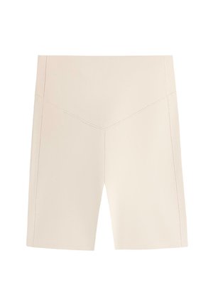 Beige high-waist biker shorts with a V-shaped seam detail at the front and plain design.