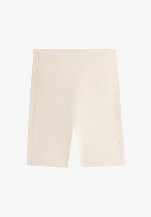 Beige high-waist biker shorts with a V-shaped seam detail at the front and plain design.