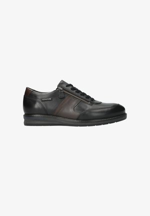 Chaussure décontractée pour homme en cuir noir et marron foncé, à lacets, avec une fermeture éclair latérale et une semelle texturée, portant la marque "MEPHISTO" sur le côté.