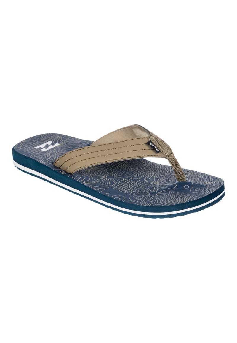 Ciabatta marrone con una soletta in tessuto di design blu navy e suola blu scuro. Presenta una fascia thong beige con dettagli di cucitura.