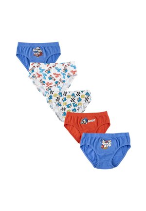 Five boys' briefs featuring Sonic the Hedgehog characters and racing-themed prints in blue, white, and red colors.