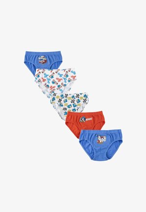 Cinq slips pour garçons avec des personnages de Sonic le Hérisson et des motifs sur le thème de la course, en couleurs bleu, blanc et rouge.