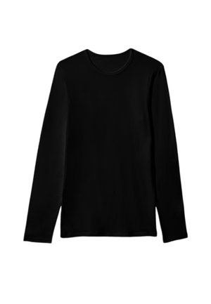 Maglietta nera a maniche lunghe con scollo tondo, dalle texture liscia, esposta piatta su uno sfondo bianco.