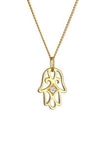 Guldkæde med en håndformet vedhæng med intrikate udskæringer, fremhævet af en central klar ædelsten på en delikat kæde.