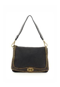 Borsa a tracolla in pelle nera con borchie dorate lungo il bordo, design a patta curva e chiusura in hardware dorato. Tracolla regolabile per maggiore versatilità.