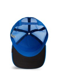 Blue baseball cap featuring a solid front panel, black visor, and a mesh back, with branded black accents inside and a round white button at the top.