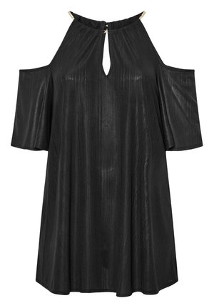 Zwart off-shoulder jurkje met een sleutelgat-halslijn, gemaakt van textuurstof met verticale strepen en gouden accenten op de schouders.