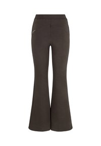 Bruine flared sweatpants met een brede tailleband, gemaakt van zacht katoenmateriaal. Voorzien van subtiele stikseldetails en een gestroomlijnd ontwerp aan de achterkant.