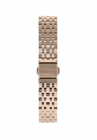Furla käekell, millel on poleeritud roosa kuldne metallist randmeosa, millel on ristkülikukujuline nägu ja lukudetail. Tekstuuritud lingid loovad kihilisuse efekti.