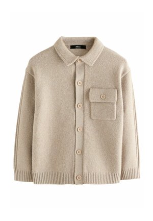 Cardigan en mélange de laine beige avec un col, fermeture à sept boutons, une poche avant et des poignets et un ourlet côtelés. Fini simple et texturé.