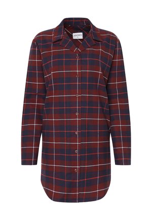 Rot- und marineblau karierter Button-up-Hemd mit langen Ärmeln, einem spitzen Kragen und abgerundetem Saum. Verfügt über kontrastierende weiße Gitterlinien und braune Knöpfe.