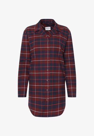 Camisa de cuadros rojos y azul marino con mangas largas, cuello puntiagudo y dobladillo redondeado. Presenta líneas de rejilla blancas en contraste y botones marrones.