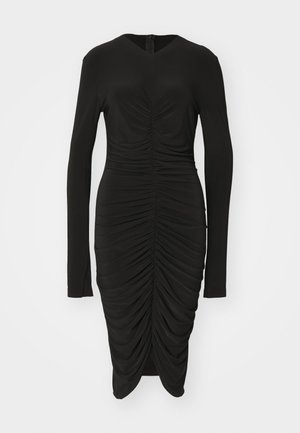 LONG SLEEVE V NECK SHIRRED FRONT DRESS TO KNEE - Robe en jersey - black