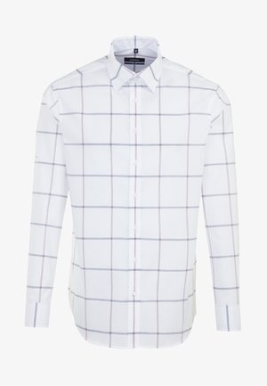 Chemise blanche à manches longues avec boutons, motif à carreaux gris clair en quadrillage et col pointu.