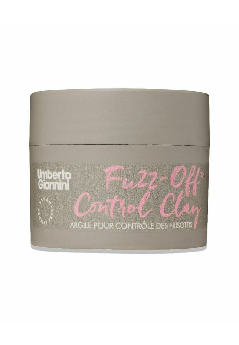 Beige round container labeled "Fuzz-Off Control Clay" in pink and grey text, featuring a smooth texture and flat lid.