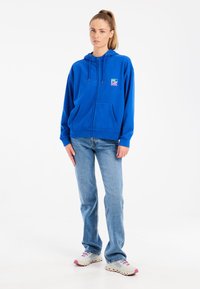 Sudadera azul con cremallera hecha de tejido polar, con un pequeño gráfico en el lado izquierdo del pecho, combinada con jeans de mezclilla azul claro y zapatillas multicolores.