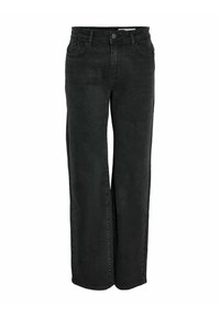 Jean noir taille haute à jambes droites avec cinq poches, passants pour ceinture, fermeture par bouton et braguette zippée, présenté sur fond blanc.