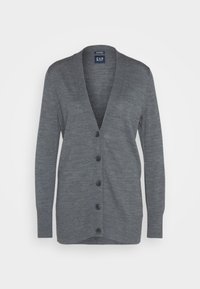 Szary kardigan z dekoltem w serek, długimi rękawami i pięcioma czarnymi guzikami z przodu. Wykonany z miękkiego, teksturowanego materiału.