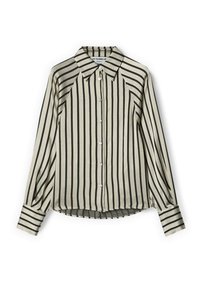 Camicia beige con bottoni, strisce verticali nere, maniche lunghe, colletto a punta e polsini a righe, stesa su sfondo bianco.