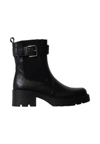 Bottine noire en cuir texturé, talon épais, bride latérale à boucle, panneau élastique et languette à l'arrière.
