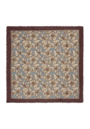 Patterned scarf with a floral design in brown and beige on a blue background, bordered by a dark maroon fringe.