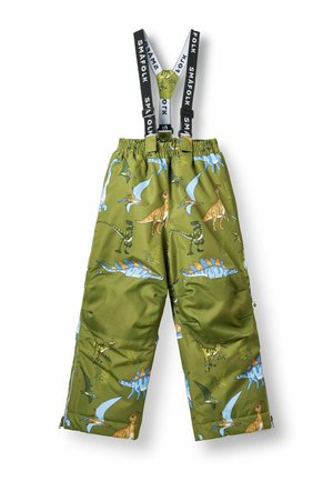 Pantalon de neige vert pour enfants avec motifs de dinosaures et bretelles noires réglables étiquetées "SMAFOLK".