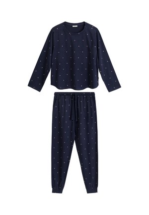 Granatowy zestaw piżamowy z miękkiego materiału; bluzka z długim rękawem i małymi, rozrzuconymi kropkami, pasujące spodnie z elastycznym pasem i ściągaczami.