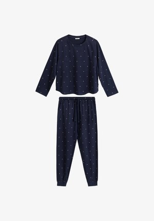Granatowy zestaw piżamowy z miękkiego materiału; bluzka z długim rękawem i małymi, rozrzuconymi kropkami, pasujące spodnie z elastycznym pasem i ściągaczami.