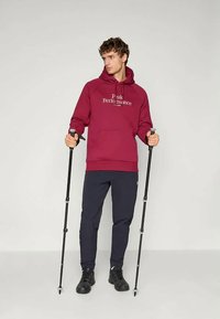 Felpa con cappuccio color bordeaux con logo "Peak Performance", pantaloni scuri e scarpe nere. L'utente tiene in mano bastoncini da trekking, mostrando un abbigliamento sportivo ideale per l'outdoor.