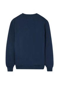 Sudadera azul marino, con cuello redondo, puños y dobladillo acanalados, textura suave y sin marcas ni patrones visibles en la parte posterior.
