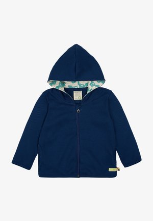 Marineblaue Zip-Hoodie mit einer strukturierten Waffelstrick-Oberfläche und einem gemusterten hellblauen Innenfutter mit Tiermotiven.