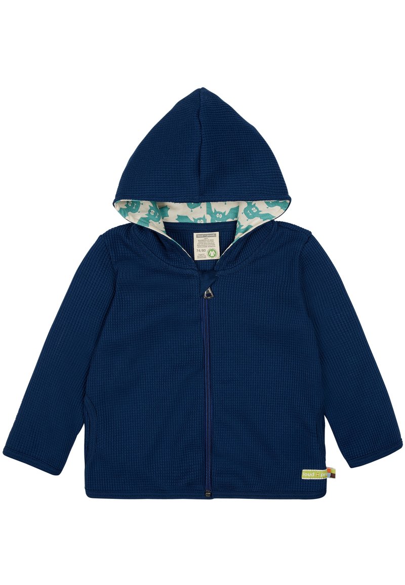 Felpa con zip di colore blu navy, con un esterno a maglia testurizzata a nido d'ape e un interno di colore azzurro chiaro decorato con motivi animali.