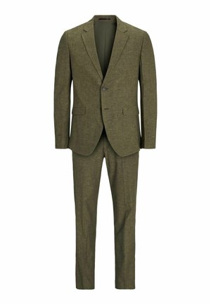 Olivenfarvet jakkesæt lavet af tekstureret stof. Har en enkeltknap blazer og lige bukser med sidelommer. Moderne pasform.