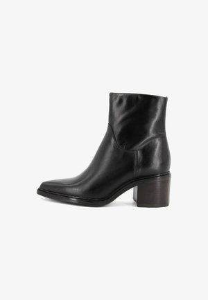 Black leather ankle boot with a rounded toe and block heel, smooth finish, side zipper, shown in profile on white background.