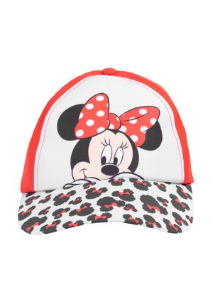 Rote Kappe mit einem großen Minnie Mouse Motiv auf der Vorderseite, einem gepunkteten Schleife und einem Leopardenmuster-Halbkreis. Aus weichem Stoff gefertigt.