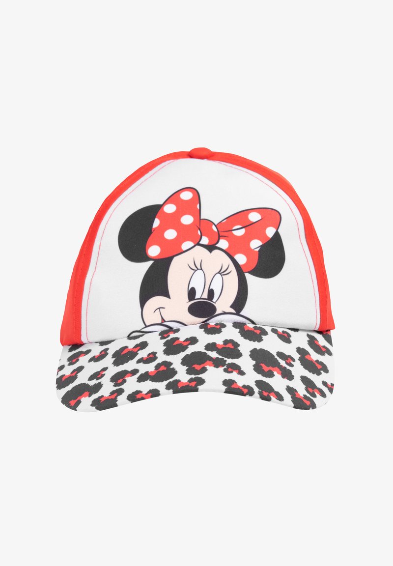 Cappello rosso con una grande grafica di Minnie Mouse sul davanti, con un fiocco a pois e una visiera in stampa leopardata. Realizzato in tessuto morbido.