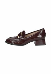 Burgundy patent leather loafers with a low square heel, featuring a decorative strap and gold-tone buckle detail on the upper.