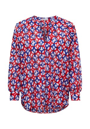 Langarmbluse aus leichtem Stoff mit einem geometrischen Muster in Rot, Blau und Weiß, mit einer Knopfleiste und gerafftem Ausschnitt.