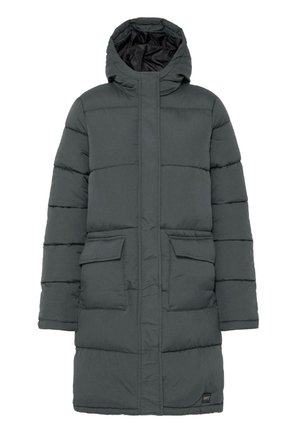 Dark gray puffer coat with a hood, featuring a quilted design, two front pockets, and a zipper closure. Smooth texture and lightweight insulation.