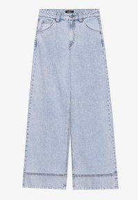 Light blue wide-leg jeans made of denim, featuring a high waist, front pockets, and a straight cut with visible stitching details.