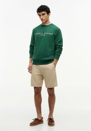 Młody mężczyzna stoi z rękami w kieszeniach, ubrany w zieloną bluzę Tommy Hilfiger, beżowe spodenki i brązowe plecione buty.