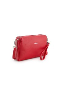 Red leather clutch bag with a textured finish, featuring a silver zipper, a wrist strap, and a logo displayed on the front.
