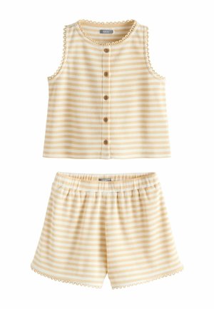 Sleeveless beige and white striped button-up top with matching elastic waist shorts, both featuring scalloped trim edges.